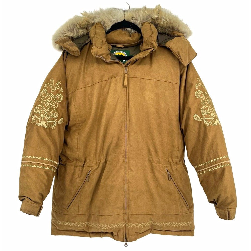 Cabela's Women L Brown Suede GooseDown Parka Coyote Fur Hood Embroidered Western